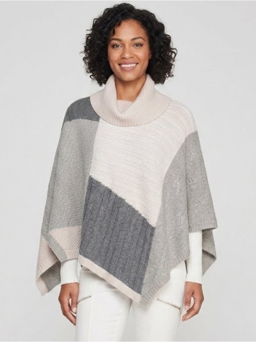 Women’s White House Black Market Colorblock Cable-Knit Sweater Turtleneck Poncho